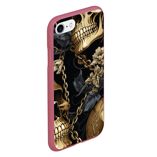 Чехол iPhone 7/8 матовый Золотые черепа с цепями / 3D-Малиновый – фото 2