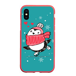 Чехол iPhone XS Max матовый Пингвинчик на коньках, цвет: 3D-красный