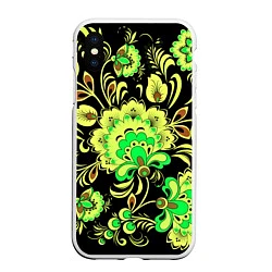 Чехол iPhone XS Max матовый Хохлома: черный и салатовый, цвет: 3D-белый