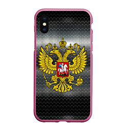 Чехол iPhone XS Max матовый Герб России на металлическом фоне, цвет: 3D-малиновый