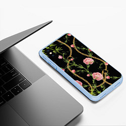 Чехол iPhone XS Max матовый Versace Золотая цепь и розы, цвет: 3D-голубой — фото 2