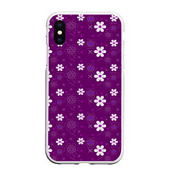 Чехол iPhone XS Max матовый Узор цветы на фиолетовом фоне, цвет: 3D-белый