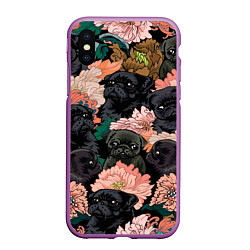 Чехол iPhone XS Max матовый Мопсы и Цветы