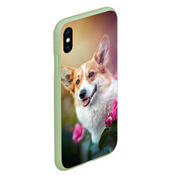 Чехол iPhone XS Max матовый Корги в розовом кусте, цвет: 3D-салатовый — фото 2