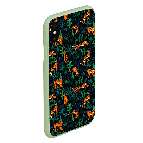 Чехол iPhone XS Max матовый Паттерн из Тигров и Растений / 3D-Салатовый – фото 2