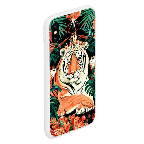 Чехол iPhone XS Max матовый Огненный Тигр в Цветах / 3D-Белый – фото 2