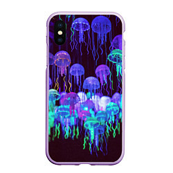Чехол iPhone XS Max матовый Неоновые медузы, цвет: 3D-сиреневый