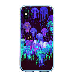 Чехол iPhone XS Max матовый Неоновые медузы, цвет: 3D-голубой