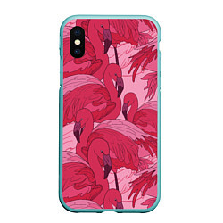 Чехол iPhone XS Max матовый Розовые фламинго, цвет: 3D-мятный