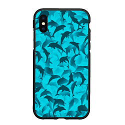 Чехол iPhone XS Max матовый Синий камуфляж с дельфинами, цвет: 3D-черный