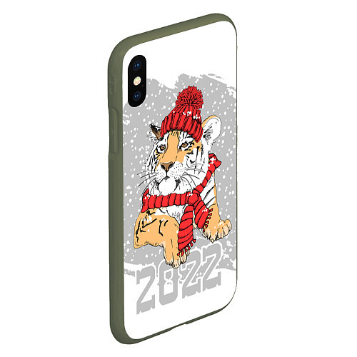 Чехол iPhone XS Max матовый Тигр в красной шапке / 3D-Темно-зеленый – фото 2