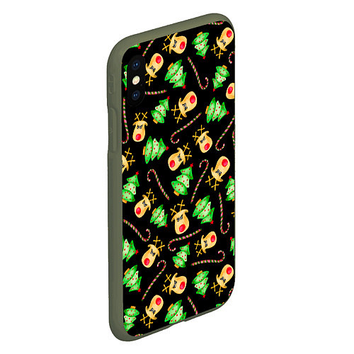 Чехол iPhone XS Max матовый Олени, елки и карамель / 3D-Темно-зеленый – фото 2