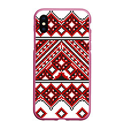 Чехол iPhone XS Max матовый Русский узор, геометрическая вышивка, цвет: 3D-малиновый