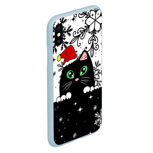 Чехол iPhone XS Max матовый Новогодний кот в колпаке Санты / 3D-Голубой – фото 2