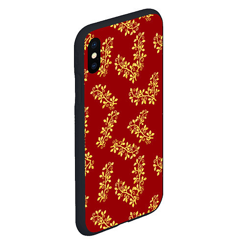 Чехол iPhone XS Max матовый Золотые веточки на ярко красном фоне / 3D-Черный – фото 2