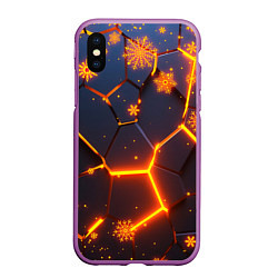 Чехол iPhone XS Max матовый НОВОГОДНИЕ ОГНЕННЫЕ 3D ПЛИТЫ FIRE NEON HEXAGON