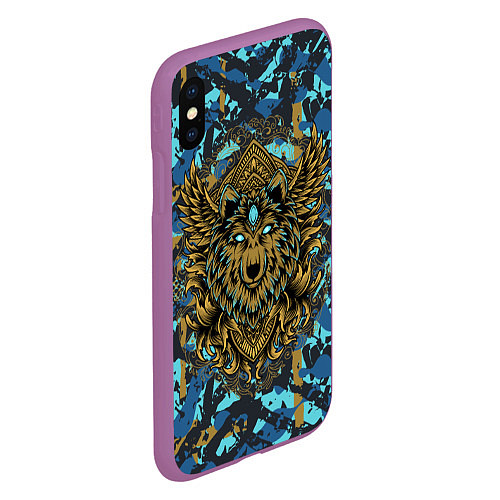 Чехол iPhone XS Max матовый Голова волка с крыльями / 3D-Фиолетовый – фото 2