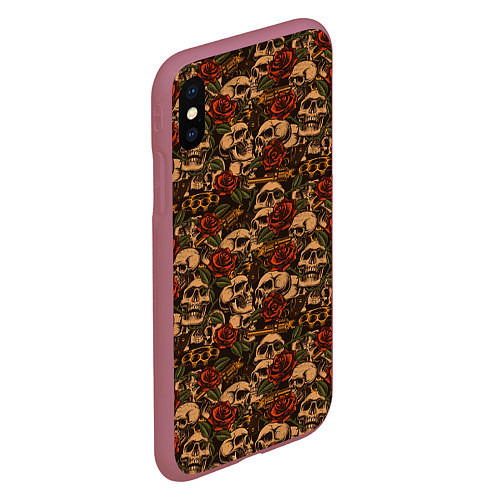 Чехол iPhone XS Max матовый Черепа с оружием и розами / 3D-Малиновый – фото 2