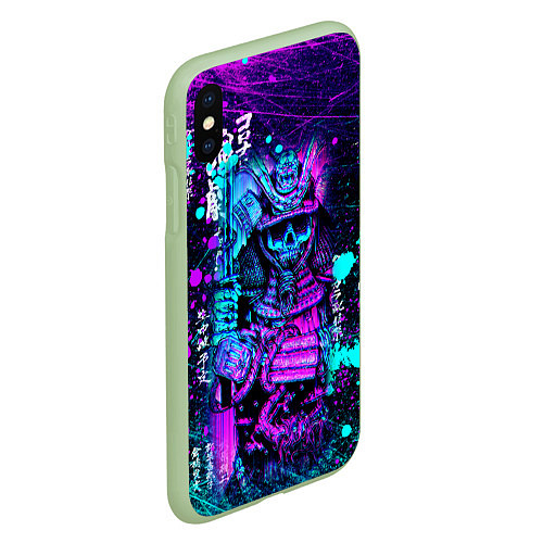 Чехол iPhone XS Max матовый Неоновый Японский Самурай Neon Samurai Skull / 3D-Салатовый – фото 2