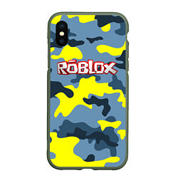 Чехол iPhone XS Max матовый Roblox Камуфляж Жёлто-Голубой, цвет: 3D-темно-зеленый