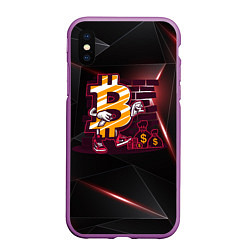 Чехол iPhone XS Max матовый Биткоин на фоне стены Bitcoin, цвет: 3D-фиолетовый