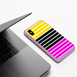 Чехол iPhone XS Max матовый Желтые розовые и черные полосы на белом, цвет: 3D-сиреневый — фото 2