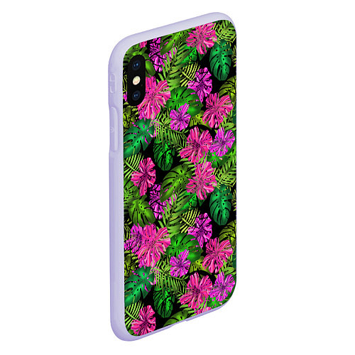 Чехол iPhone XS Max матовый Тропические листья и цветы на черном фоне / 3D-Светло-сиреневый – фото 2