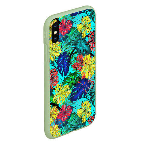Чехол iPhone XS Max матовый Тропические растения на бирюзовом фоне / 3D-Салатовый – фото 2