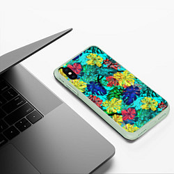 Чехол iPhone XS Max матовый Тропические растения на бирюзовом фоне, цвет: 3D-салатовый — фото 2