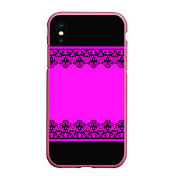 Чехол iPhone XS Max матовый Черное кружево на неоновом розовом фоне