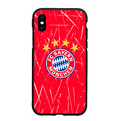 Чехол iPhone XS Max матовый Bayern munchen белые царапины на красном фоне, цвет: 3D-черный