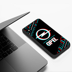 Чехол iPhone XS Max матовый Значок Opel в стиле Glitch на темном фоне, цвет: 3D-черный — фото 2