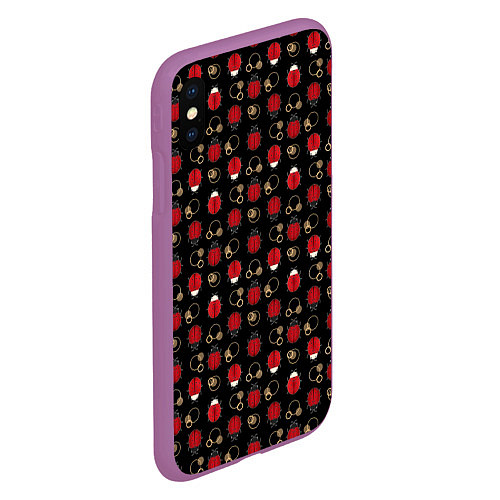 Чехол iPhone XS Max матовый Красные Божьи коровки на черном фоне ladybug / 3D-Фиолетовый – фото 2