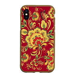 Чехол iPhone XS Max матовый Хохломская Роспись Цветы На красном Фоне
