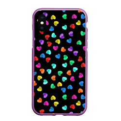 Чехол iPhone XS Max матовый Сердечки разноцветные на черном