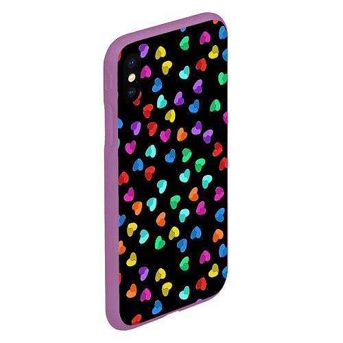 Чехол iPhone XS Max матовый Сердечки разноцветные на черном / 3D-Фиолетовый – фото 2