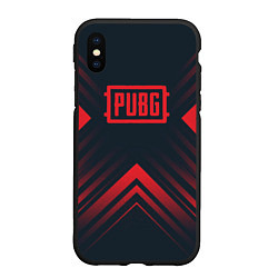 Чехол iPhone XS Max матовый Красный Символ PUBG на темном фоне со стрелками, цвет: 3D-черный