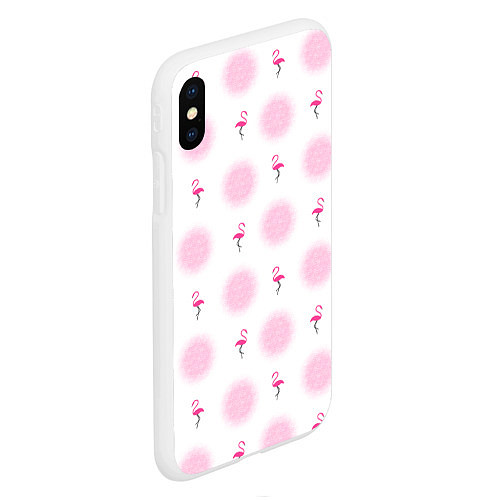 Чехол iPhone XS Max матовый Фламинго и круги на белом фоне / 3D-Белый – фото 2