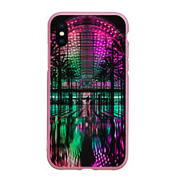Чехол iPhone XS Max матовый Неоновое здание ночью - Розовый
