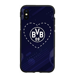 Чехол iPhone XS Max матовый Лого Borussia в сердечке на фоне мячей