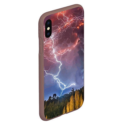 Чехол iPhone XS Max матовый Грозовые разряды молний над лесом / 3D-Коричневый – фото 2