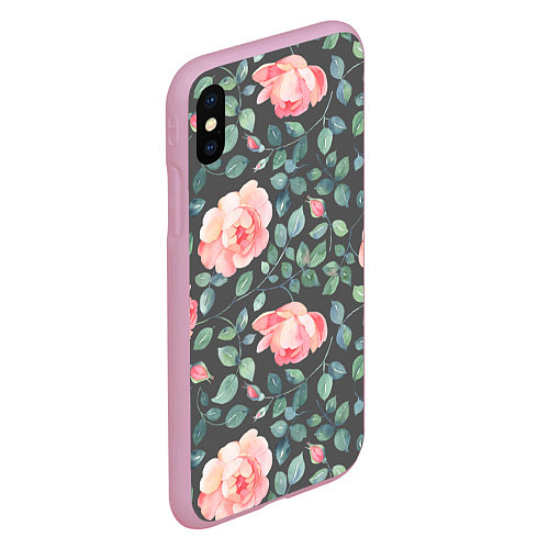 Чехол iPhone XS Max матовый Розовые розы на сером фоне Цветы / 3D-Розовый – фото 2