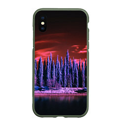 Чехол iPhone XS Max матовый Абстрактный фиолетовый лес и тёмная река, цвет: 3D-темно-зеленый