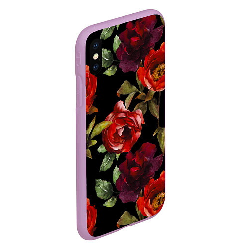 Чехол iPhone XS Max матовый Цветы Нарисованные Розы На Чёрном Фоне / 3D-Сиреневый – фото 2