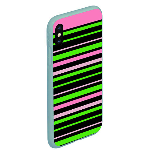 Чехол iPhone XS Max матовый Полосаты узор в зелено-розовых оттенках на черном / 3D-Мятный – фото 2