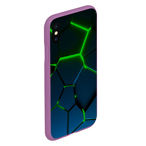 Чехол iPhone XS Max матовый Разлом зеленых неоновых плит - геометрия / 3D-Фиолетовый – фото 2