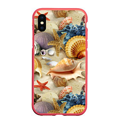 Чехол iPhone XS Max матовый Морские раковины, кораллы, морские звёзды на песке