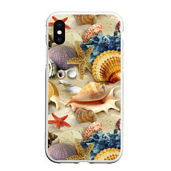Чехол iPhone XS Max матовый Морские раковины, кораллы, морские звёзды на песке, цвет: 3D-белый
