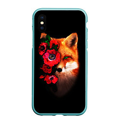 Чехол iPhone XS Max матовый Лиса и цветы, цвет: 3D-мятный