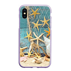 Чехол iPhone XS Max матовый Натюрморт из сети, морских звёзд и ракушек - лето, цвет: 3D-светло-сиреневый